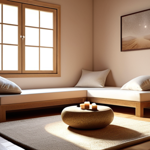 Home 4 **Prompt:** A calm, serene space for sound therapy. Soft lighting, comfortable seating, possibly with sound healing instruments visible. Focus on creating a sense of peace and tranquility.